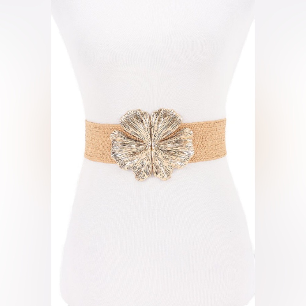 Plus Size Gold & Tan Straw Statement Belt with Gold Floral Buckle
